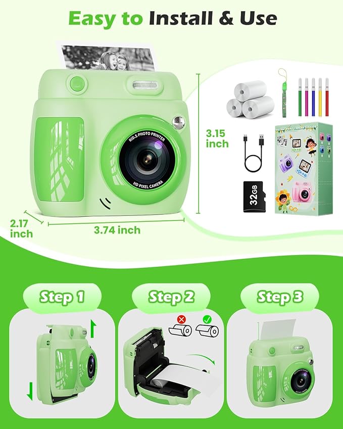 Kids Camera Instant Print - Christmas Birthday Gifts for Girls Boys Age 3-12, 1080P Video Digital Camera with 3 Rolls Printing Paper, Toddler Travel Toy Camera for 4 5 6 7 8 9 10 11 Year Old - Green