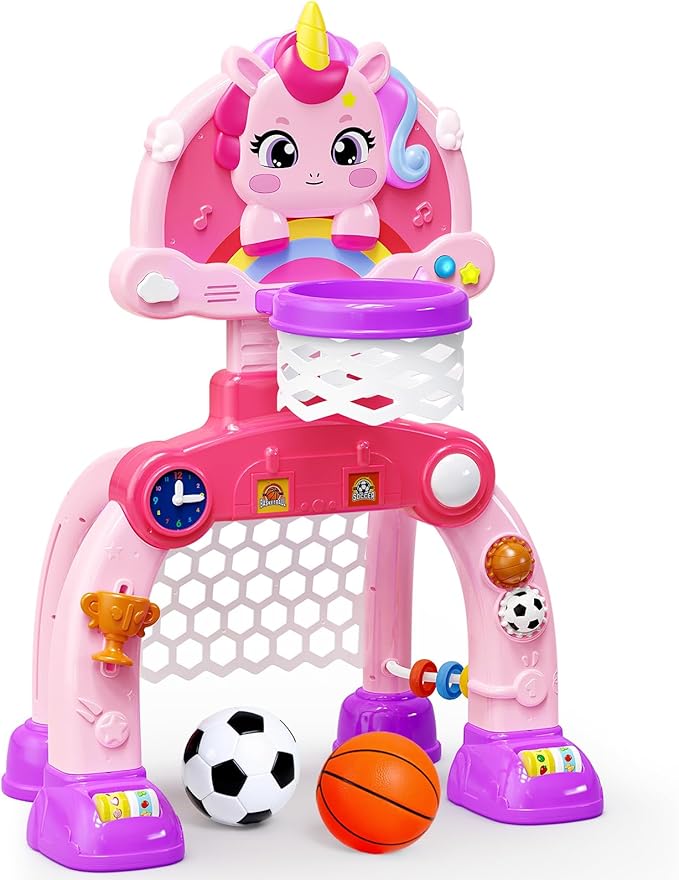 Toddler Basketball Hoop & Soccer Goal Activity Center, Unicorn Toddlers Musical Toys with Light Music, Baby Toddlers Christmas Birthday Present Gifts for 1 2 3 Year Old Girls