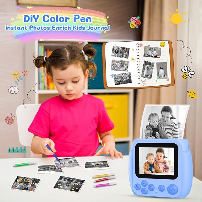 Gofunly Kids Camera Instant Print, Birthday Gifts for Girls Boys with 3 Rolls Print Paper & 32GB Card, 48MP Kids Digital Camera 1080P HD Video Toddler Toy Cameras for 3-12 Years Old, Blue