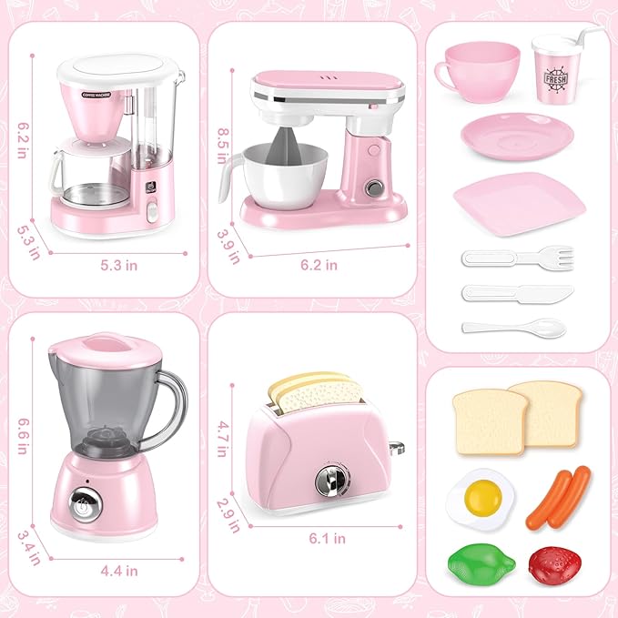 Shemira Play Kitchen Accessories, Play Kitchen Appliances Toy Set with Coffee Maker, Blender, Mixer, Toaster, Kids Kitchen Playset, Toys for 3 4 5 6 7 8 Year Old Girls, Birthday Gifts for Girls, Pink