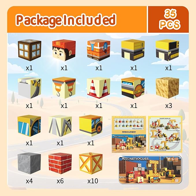 Magnetic Blocks with Magnet Box-35PCS Magnet Cubes, Magnetic Tiles Kids Build Cubes Travel Game Toys, Road Trip Sensory Toy Christmas Birthday Gifts for Boys & Girls Ages 3