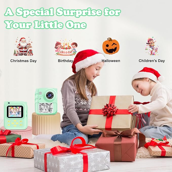 Instant Print Camera for Kids, 1080P Video Camera with 3 Print Rolls, 32GB Card & Cute Cover, Gift for Girls Boys Age 3-12, Toddler Digital Camera with Games, Filters, Music – Green