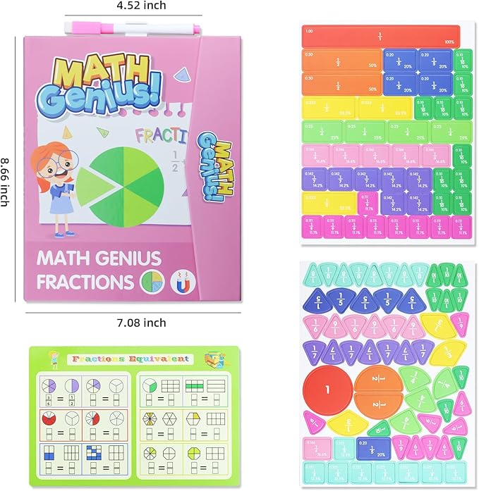 Magnetic Fraction Educational Puzzle with Fraction Tiles & Circles, Math Manipulatives Montessori Learning Toys to Help Kids Learn Fractions and Build Early Math Skills (Pink)