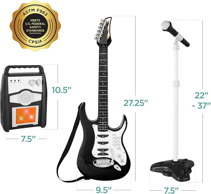 Best Choice Products Kids Electric Musical Guitar Play Set, Toy Guitar Starter Kit Bundle w/ 6 Demo Songs, Whammy Bar, Microphone, Amp, AUX, 2 Sticker Sheets - Black