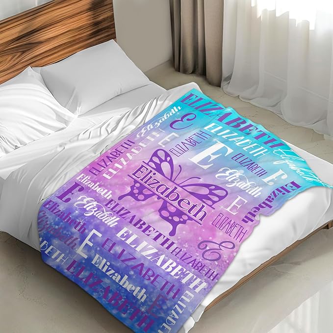 Personalized Butterfly Blankets for Kids Teens Adults, Girls Women Throw Blanket Gifts for Butterfly Lovers, Custom Name Soft Warm Flannel Monogram Blankets Decor for Bed Couch Sofa Home Room