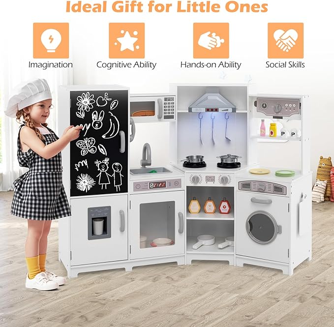 GLACER Corner Wooden Play Kitchen for Kids, Large Pretend Play Kitchen Playset with Sound, Light, Chalkboard, Microwave, Ice Maker, Washing Machine, Accessories, Toy Kitchen Set for Ages 3+ (White)