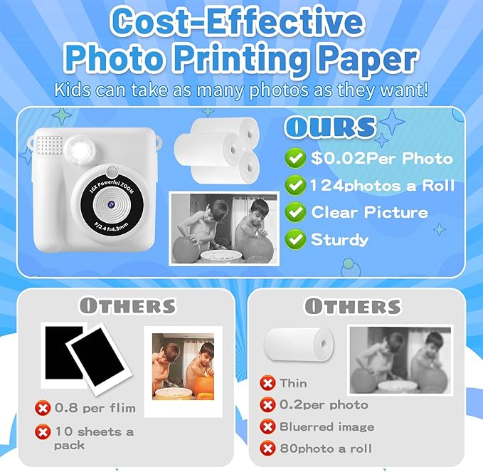 Thermal Printing Paper for BESTOONE Kids Instant Print Camera, No Ink Required, Safe, Tough, 5 Rolls