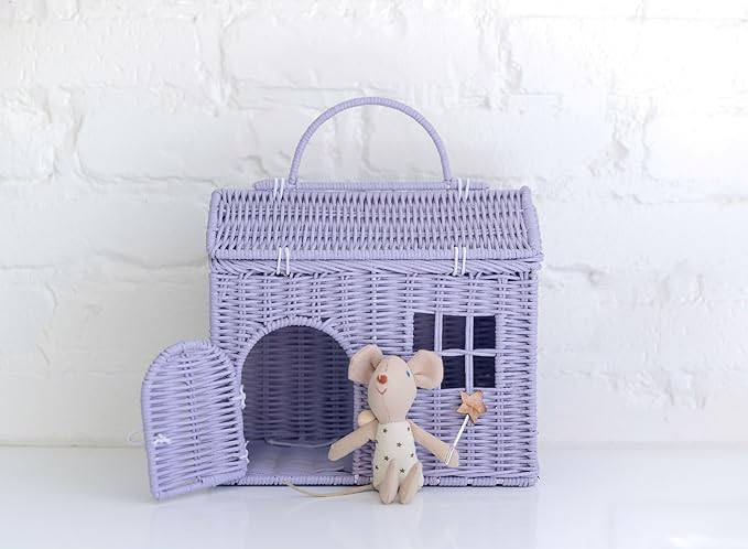 Rool Rattan House Shaped Basket Wicker Small Dollhouse Gift for Girls, Boho Toys, Mouse in a Box House, Little Girl Purse Clutch, Doll Carrier (Purple)