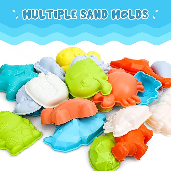 TOY Life 29 Pcs Dinosaur Beach Toys Sand Toys Toddlers with Castle Bucket Shovels & Sand Castle Building Kit Molds, Sandbox Toy Travel, Beach Party, Fishing, Summer Toy Activities