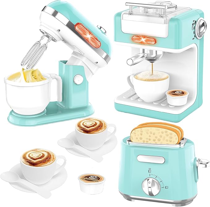 Play Kitchen Appliances Toy Set, Pretend Play Kitchen Toys Kids Kitchen Accessories Playset with Coffee Maker, Mixer and Toaster for Kids Ages 3-5 4-8 Christmas Birthday Party Gift