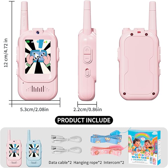 Walkie Talkie for Kids with Video: 2 Pack Rechargeable Toddler Toys with HD Camera & Voice Changer, Long Range Gift Toys for Boys & Girls Ages 3-8 for Outdoor Play, Camping, Travel, Hiking (Blue-Pink)