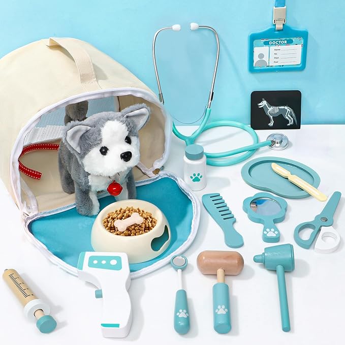 Lorfancy 22 Pcs Kids Doctor Kit Dog Toys Toddlers Wooden Veterinarian Playset Walking Barking Electronic Stuffed Dog Vet Costume Puppy Pet Pretend Play Gifts for Girls Boys 3 4 5 6+ Year Old