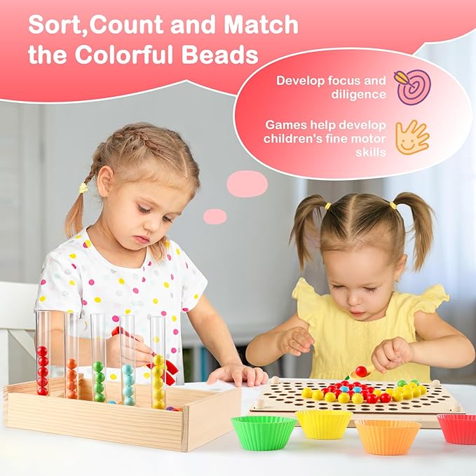Toddler Learning Montessori Toys for 3 4 5 6 Year Old,Rainbow Stacking and Color Sorting - Number Crunching Clip Bead Matching -Wooden Peg Board Bead Game - Fine Motor Skills Toys
