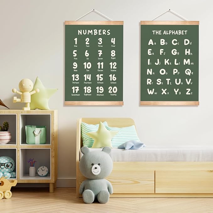 Educational Wall Art Set of 2, Numbers 1-20 and Alphabet Chart, Learning Posters for Kids,ABC Banner Poster, Banner Wall Hanging Decor for Toddler Room Playroom Nursery Wall Classroom Decor (Green)