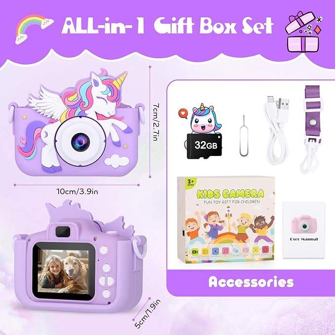 Kids Camera Unicorn Toys for Girls, Digital Camera for Kids Age 3-8 Toddler Travel Toys, Birthday Gift for Girls 3 4 5 6 7 8 Year Old Christmas, HD 1080P Video Camera, 32G SD Card Included (Purple)