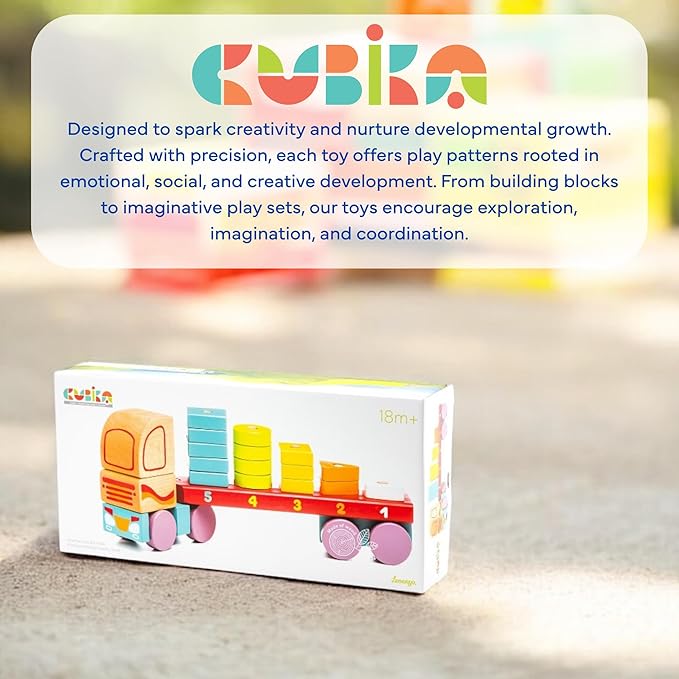 CUBIKA Wooden Geometric Shapes Truck– Montessori Toy for Toddlers Ages 3+– Shape Sorter and Stacking Truck Building Toy– FSC-Certified Wood, German Water-Based Paints, Travel-Friendly