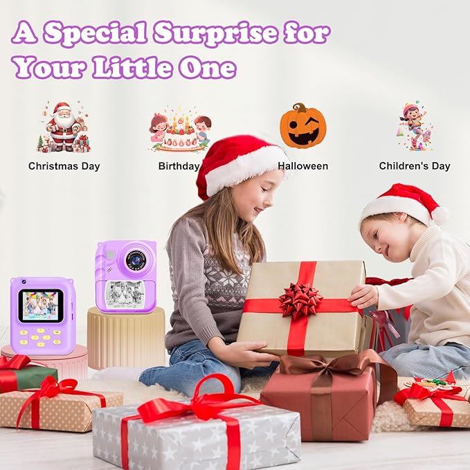 Instant Print Camera for Kids, 1080P Video Camera with 3 Print Rolls, 32GB Card & Cute Cover, Gift for Girls Boys Age 3-12, Toddler Digital Camera with Games, Filters, Music – Purple