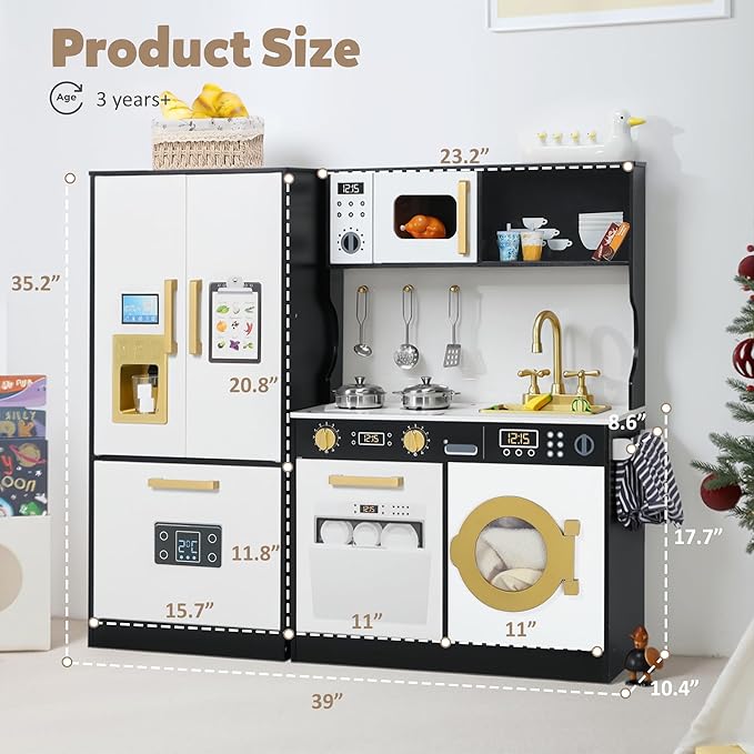 Play Kitchen Sets for Kids, Pretend Wooden Kids Kitchen Playset, Interactive Toy Kitchen with Freezer, Washing Machine, Ice Maker & Large Storage Space, for Boys Girls Ages 3+, Black