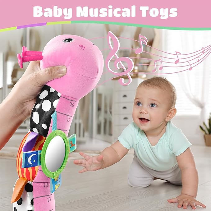 Baby Toys 6-12 Months Music Caterpillar Infant Toys Stuffed Animals 0-3-6 Months Teething Tummy Time Sensory Toys with Mirror Rattle&Pull String for Boys Girls Birthday Gifts|Candy Pink,Leafy