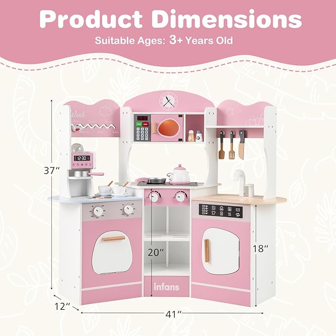 INFANS Corner Kids Kitchen Playset, Toddler Wooden Pretend Cooking Set with Lights Sounds Coffee Machine Washing Dishwasher, Stove Removable Sink Storage, Simulation Play Kitchen Toy (Light Pink)
