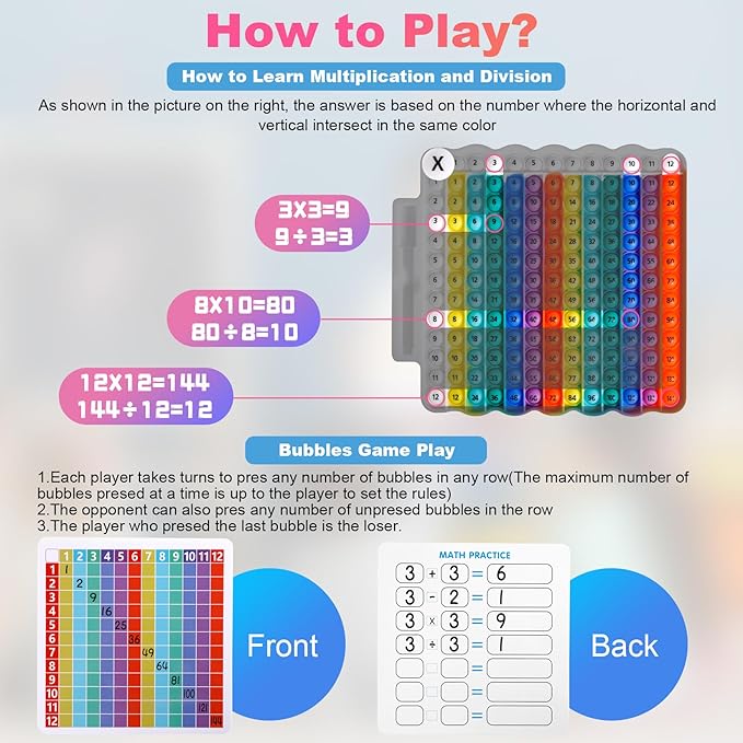 Educational e1 Multiplication Table pop Fidget Toy Rainbow Colors with Dry Erase Marker Stress Relieving Toy Memory Addition Game 3rd Grade pop 12x12 Rainbow Toy Board Math manipulatives