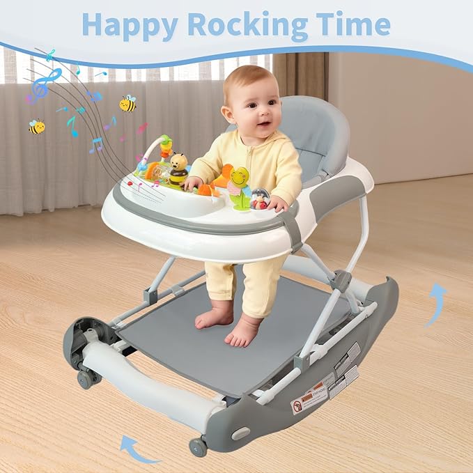 5 in 1 Baby Walker, Music and Lights Walker for Baby Boy Girls 6-12 Months, Foldable Baby Walkers with Wheels and Bouncer Combo Portable, Toddler Infant Walker with Adjustable Height