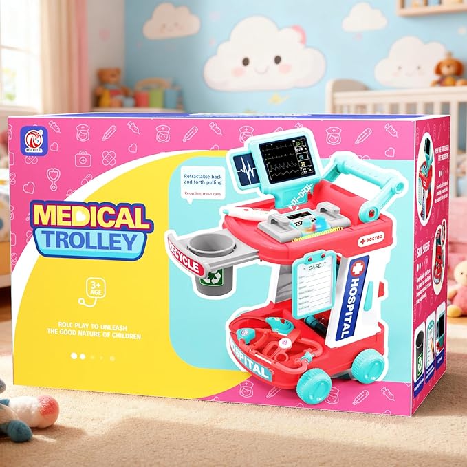 Doctor Kit for Kids, Pretend Doctor Playset for Toddlers with Cart, Costume and Stethoscope, Role Play Medical Toy for Girls Boys Toddlers 3-8 Birthday Gifts (Pink)