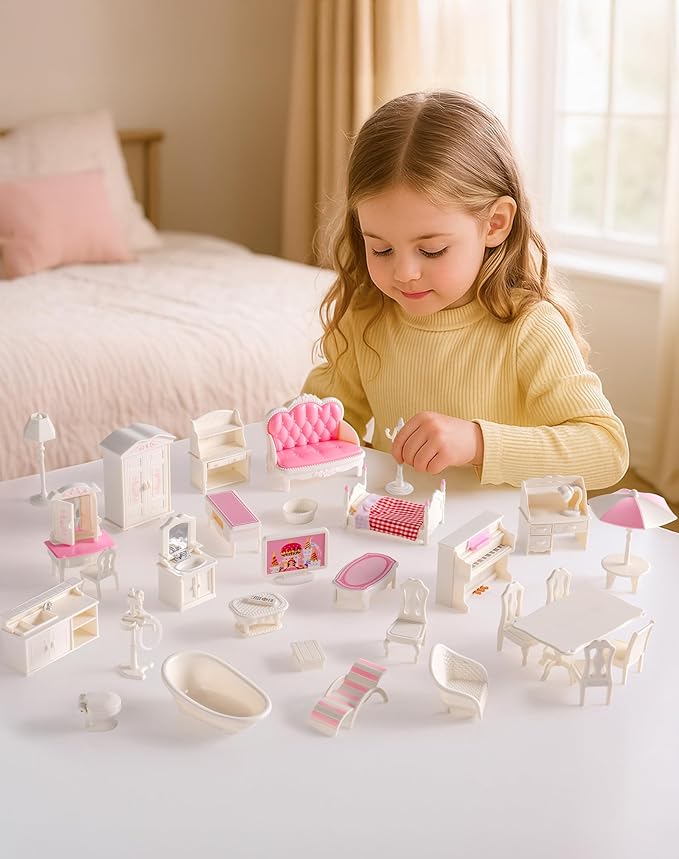 ROBOTIME 28PCS Dollhouse Furniture and Accessories Set, 1:12 Scale Doll House Mini Furniture Playset with Bedroom, Living Room, Bathroom Accessories, Pretend Play Furniture Toys Gift for Kids Girls