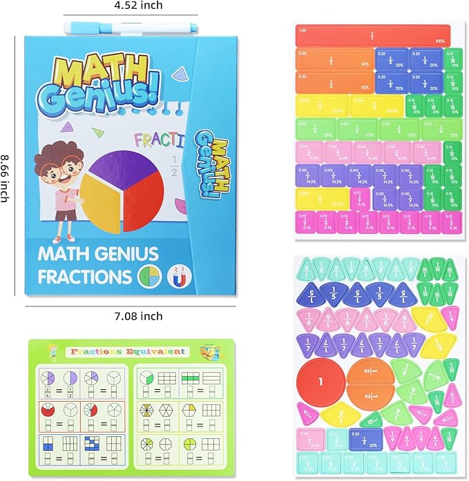 Magnetic Fraction Educational Puzzle with Fraction Tiles & Circles, Math Manipulatives Montessori Learning Toys to Help Kids Learn Fractions and Build Early Math Skills (Blue)