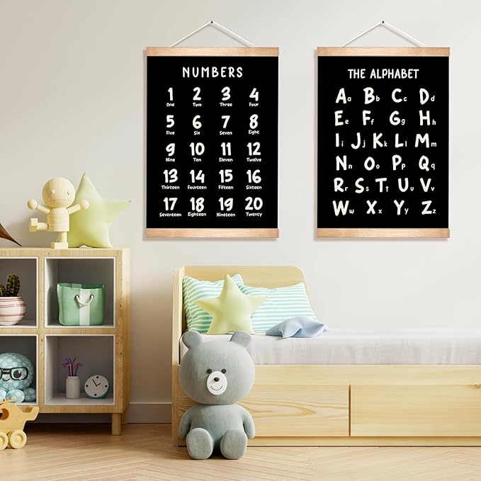 HEYJEEPER Kids Alphabet and Numbers Learning Posters Set of 2,18.5x14 Inch Linen&Canvas Educational Wall Art with Wood Hanger, ABC 123 Chart for Toddlers Classroom Nursery Playroom Decor(Black)