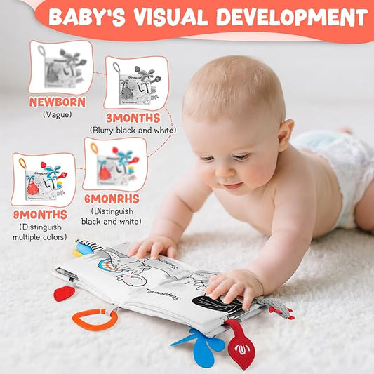 Dinosaur Fabric Book- Crinkle Sound, Touch & Feel, Press Squeaker with Soft Tail Plus Teether Feature - Baby Books Toys for Newborn Infants 0-12 Month