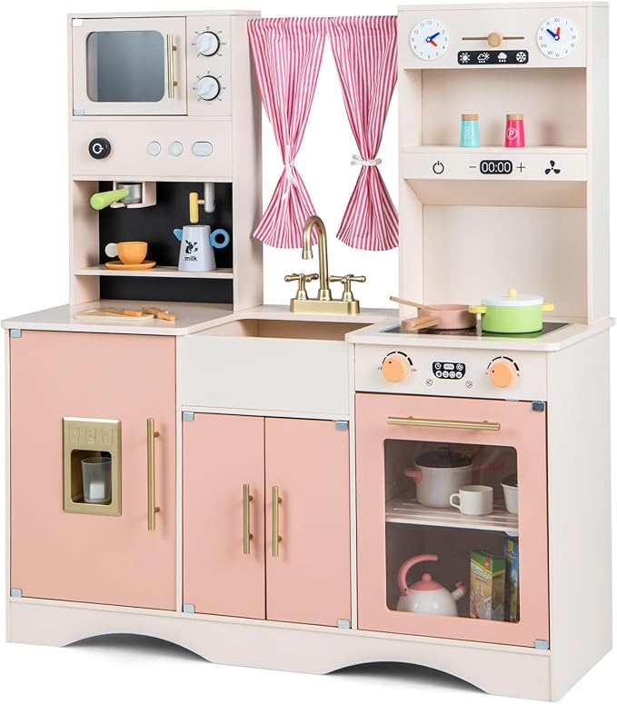 INFANS Kids Kitchen Playset, Cooking Toy Kitchen Set with Coffee Machine Stove Removable Sink Microwave Storage Cabinet, Simulation Wooden Play Kitchen for Toddler Boys Girls