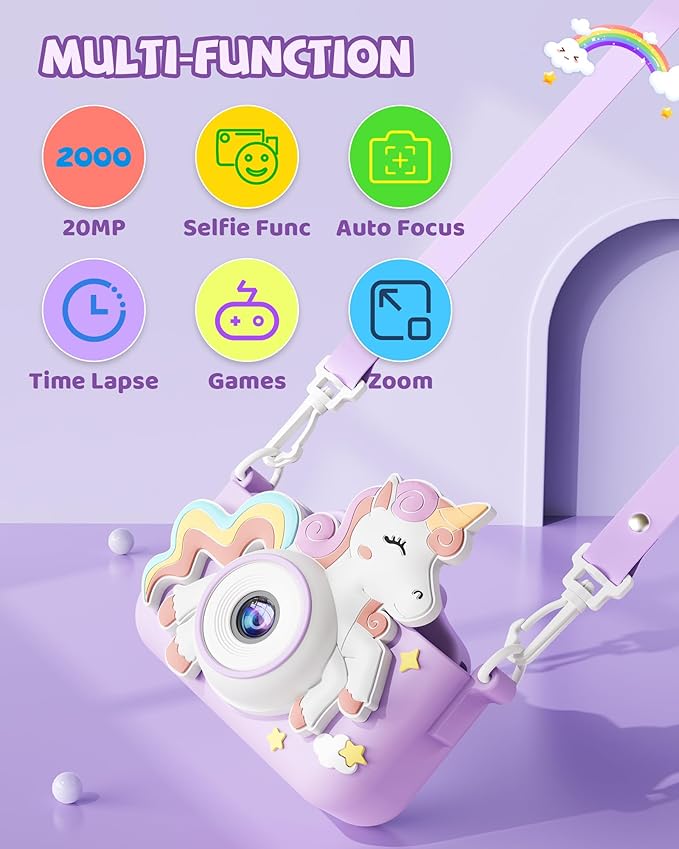 Kikapabi Kids Camera, Unicorn Toys for Girls Boys Age 3-8, Christmas Birthday Gifts for Girls Age 3 4 5 6 7 8, Digital Camera with Silicon Cute Cover for Kids, Toddler Camera with 32G SD Card