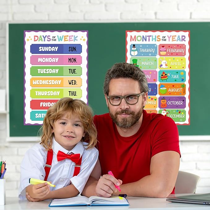 D4DREAM Days of The Week Poster for Kids - 2Pcs Laminated Months of the Year Poster for Classroom Decorations Toddler Learning Posters for PreK Kindergarten Homeschool Nursery Daycare Essentials
