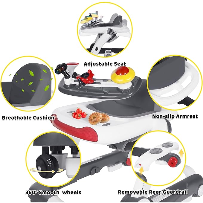 6 in 1 Baby Walker, Baby Activity Center for Toddler, Walker Rocker Bouncer w/Adjustable Height Speed, Learning-Seated & Walk-Behind, Infant Walker w/Feeding Tray & Music Toys, Grey