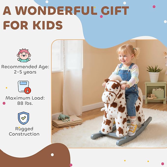 Qaba Rocking Horse, Kids Plush Animal Rocker with Realistic Neighing Sound for Toddlers 2–5 Years Old, Soft Filling Ride on Horse with Rabbit Toy, Brown