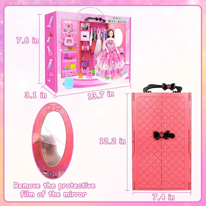 66Pcs Doll Clothes and Accessories with Doll Closet for 11.5 Inch Doll Dress up Set with 1 Doll Fashion Dresses Outfits Tops and Pants Shoe Rack Bags Gift Toy for Girls 4 5 6 7 8 9 10 Years