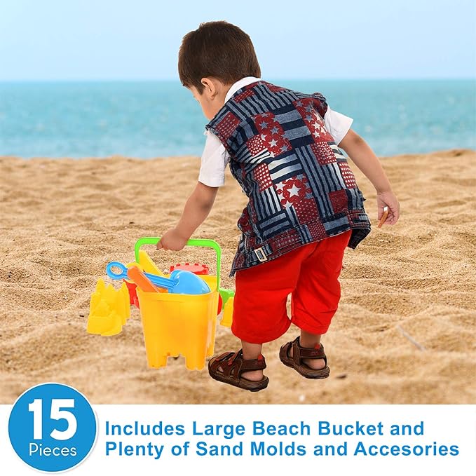 Liberty Imports 15-Piece Sand Castle Building Kit - Ultimate Beach Toy Set with Large Bucket, Rake, Shovels, Molds, and More - Ideal for Kids' Sand Play, Beach Fun, and Outdoor Activities
