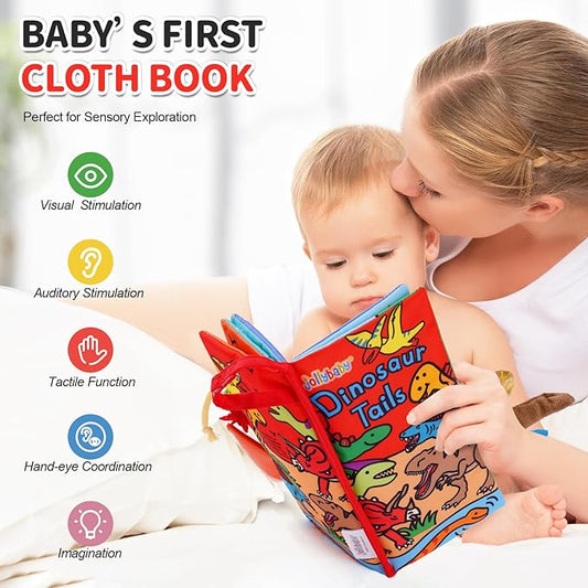 Jollybaby Baby Books 0-6 Months, Touch and Feel Crinkle Soft Cloth Books for Infants Babies, Toddler Early Educational Interactive Stroller Sensory Toys, Baby Girl & Boy Gift(Dinosaur Tails)
