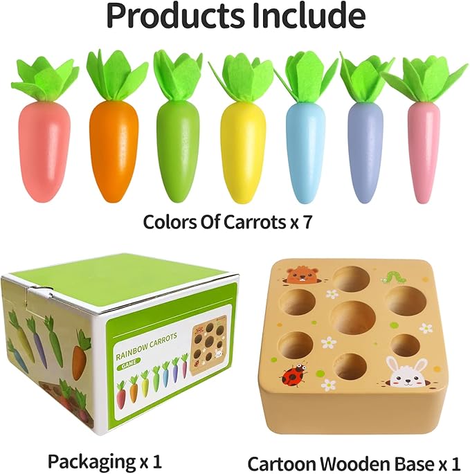 Skrtuan Wooden Toys for 3 Year Old Toddlers Baby Boys and Girls, Montessori Toy Carrot Harvest Game Shape & Sorting Matching Puzzle, Educational Developmental Birthday Gifts for Babies