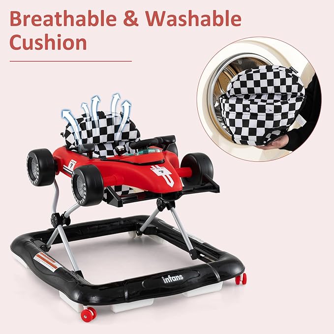 INFANS 4 in 1 Baby Walker, Foldable Toddler Activity Center with Adjustable Height, Padded Seat, Music, Light, Removable Tray, Push Walker for Girls Boys Aged 6-18 Months (Red)