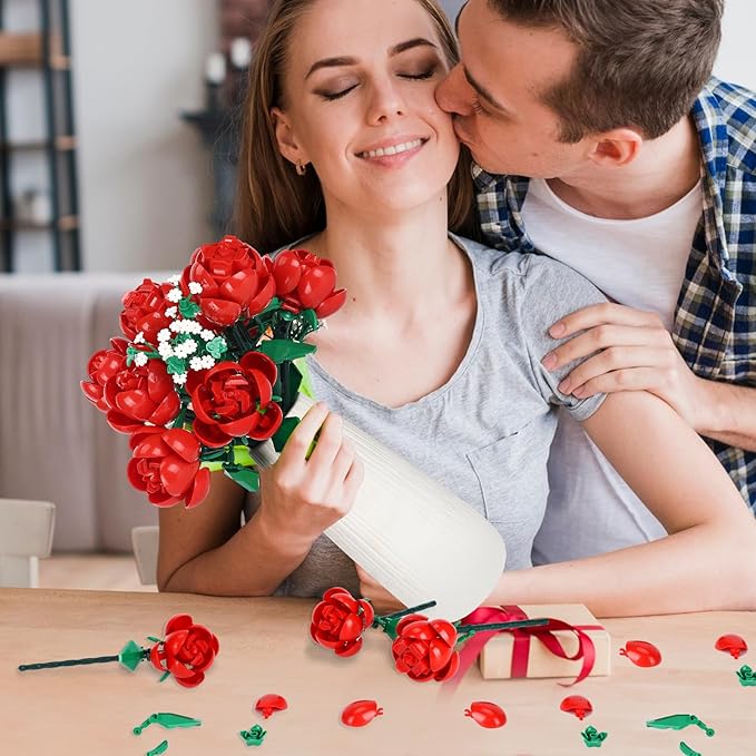 Flower Bouquet Building Kit,1000 Pcs Artificial Flower Bouquet Kit for Adults,Botanical Collection for Home Decor,Ideal Gift for Women,Christmas,Anniversaries (Red Rose)