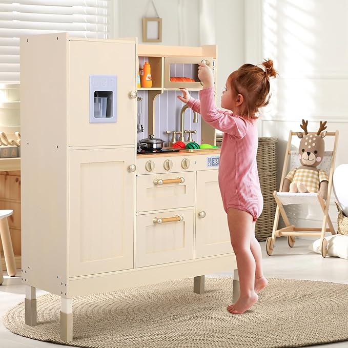 Wooden Play Kitchen for Kids, Toddler Vintage Kitchen Toy Set w/Pretend Phone, Ice Maker, Towel Rack, Height Adjustable Realistic Playset Chef w/Light & Sound (Beige)