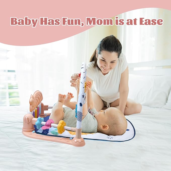 Baby Play Mat Activity Gym, Musical Activity Center, Kick and Play Piano Gym, Tummy Time Mats for Newborn Babies Infants Toddlers Boys Girls 0-3-6-9-12 Months (Apricot)