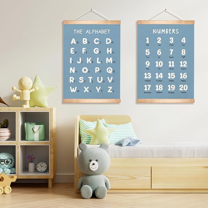 HEYJEEPER Kids Alphabet and Numbers Learning Posters Set of 2,18.5x14 Inch Linen&Canvas Educational Wall Art with Wood Hanger, ABC 123 Chart for Toddlers Classroom Nursery Playroom Decor(Blue)