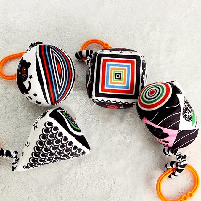 KAKIBLIN Baby Hanging Rattle Toys, 4 Pack Black and White Car Seat Baby Toys Soft Squeaky Stroller Toy for Babies Montessori Sensory Toy 0-12 Months for Newborn Infant, White and Black