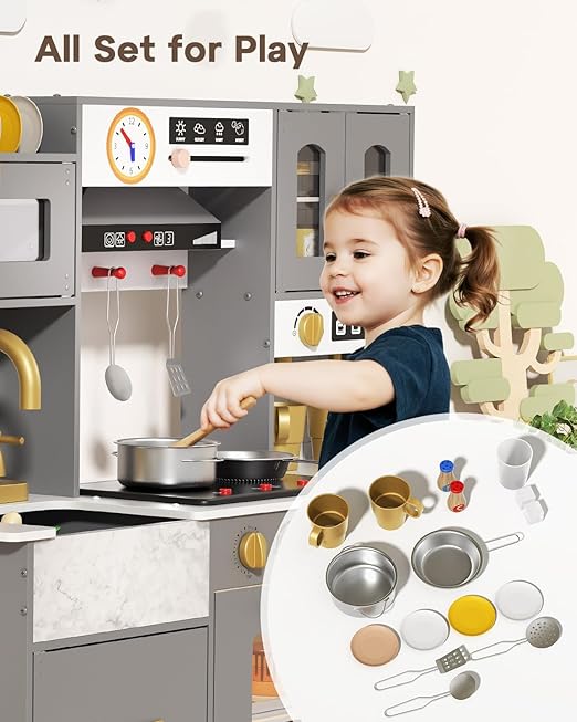 BIERUM Wooden Play Kitchen for Kids Ages 3-8 with Lights & Sounds, Pretend Play Kitchen Set with Stove, Ice Maker, Coffee Maker, Oven & Accessories, Toddler Kitchen Playset for Boys and Girls (Gray)