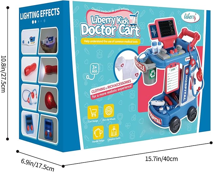 Liberry Doctor Kit for Toddlers Ages 2 3 4 5, Pretend Kids Doctor Playset with Cart, Costume and Stethoscope, Role Play Medical Toys Gift Birthday Christmas for Girls Boys (Blue)