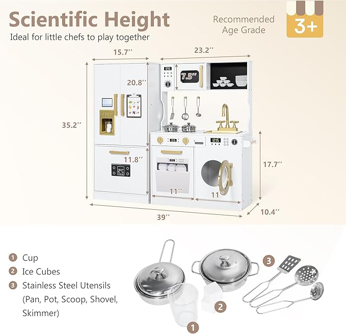 Kinder King Wooden Kids Play Kitchen, Toy Kitchen Playset for Toddler, Play Kitchen Set w/Transparent Coloring Board, Pretend Fridge, Washing Machine, Ice Maker, Gift for Boys Girls Age 3+, White