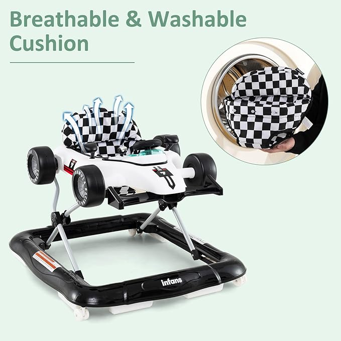 INFANS 4 in 1 Baby Walker, Foldable Toddler Activity Center with Adjustable Height, Padded Seat, Music, Light, Removable Tray, Push Walker for Girls Boys Aged 6-18 Months (Ivory)